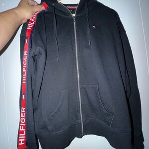 Tommy Hilfiger Black Zip Hoodie with Red Logo Sleeve Tape